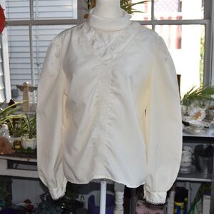 Vintage 70s Pearlette Ivory Embroidered Victorian Prairie Blouse Size L